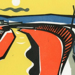 Paul Ibenthaler, Abendlandschaft am Fluss, 1979-1980, Linoldruck polychrom, 22,4 x 29 cm, Dreiländermuseum Lörrach, BKI 128.