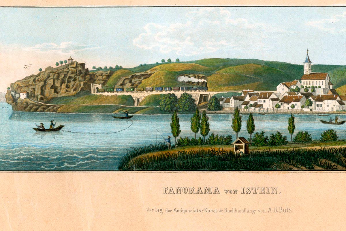 Panorama von Istein. Als die kolorierte Aquatinta-Grafik Mitte des 19. Jahrhunderts entstand, war das Frauenkloster nicht mehr vorhanden. (Sammlung Dreiländermuseum, GrLI 8) ©Dreiländermuseum / Foto: Axel Hupfer