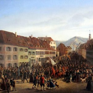 Ölgemälde Friedrich Kaiser: Einzug der Freischärler in Lörrach am 20. April 1848 BKKa 85