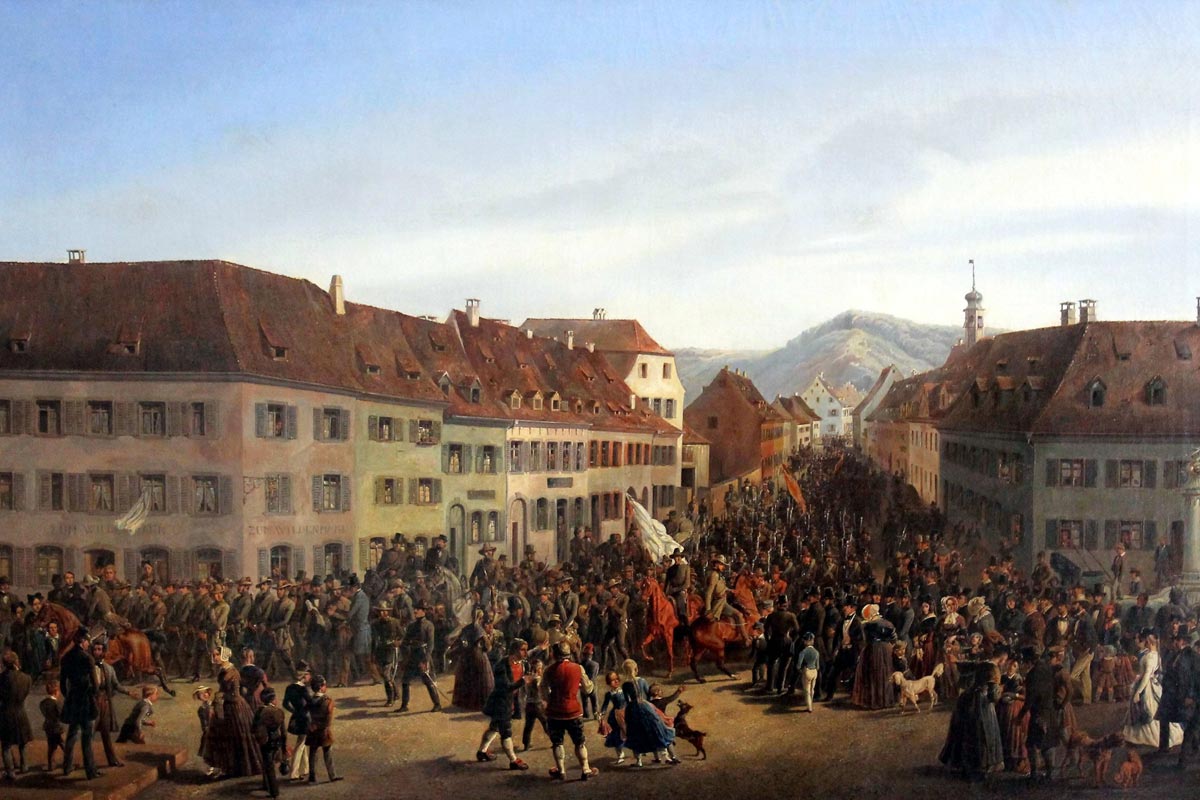 Ölgemälde Friedrich Kaiser: Einzug der Freischärler in Lörrach am 20. April 1848 BKKa 85