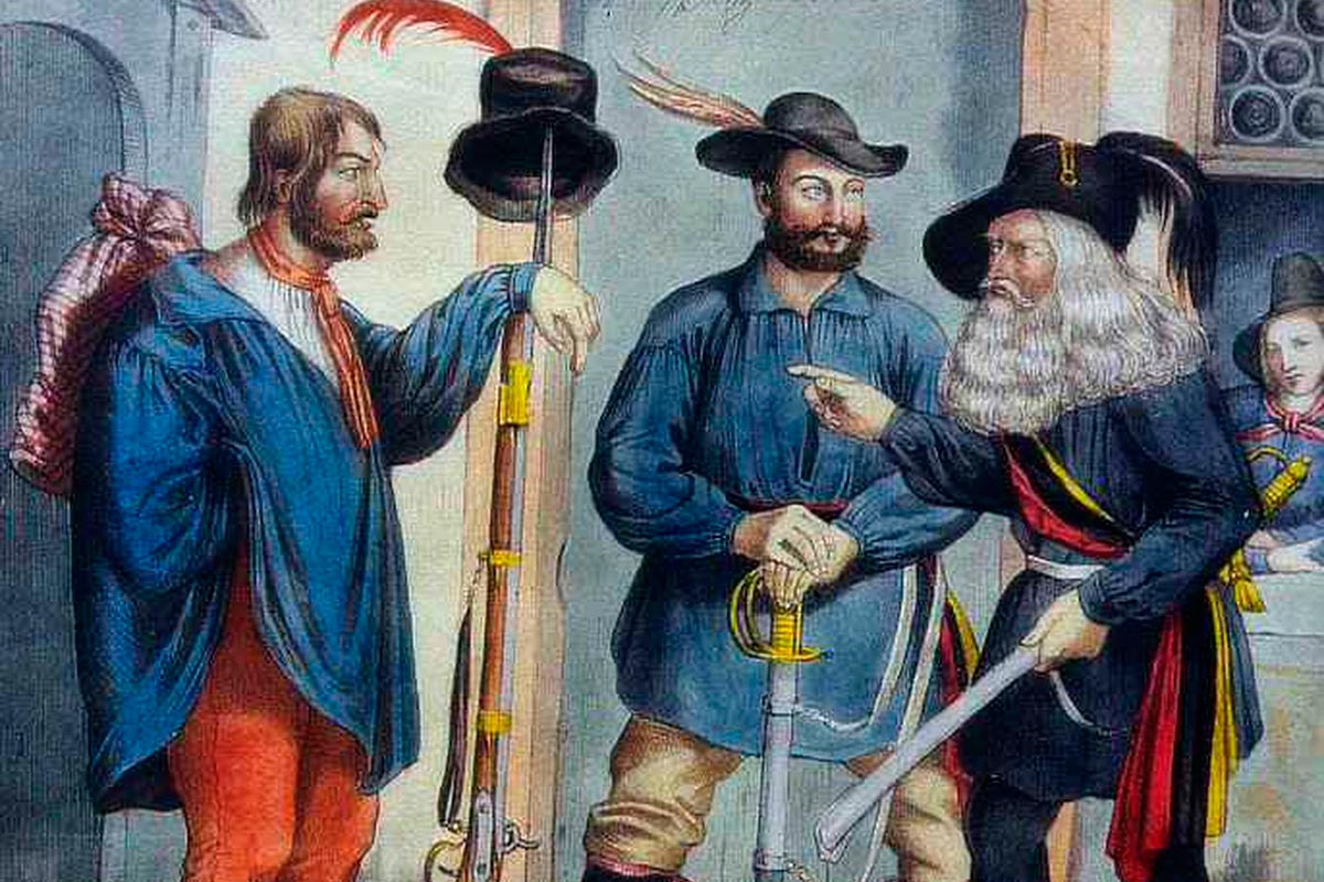 Der Revolutionär Georg Böning (rechts) mit einem deutschen und französischen Freischärler, um 1849 (Sammlung DLM GrGeXVI 183)