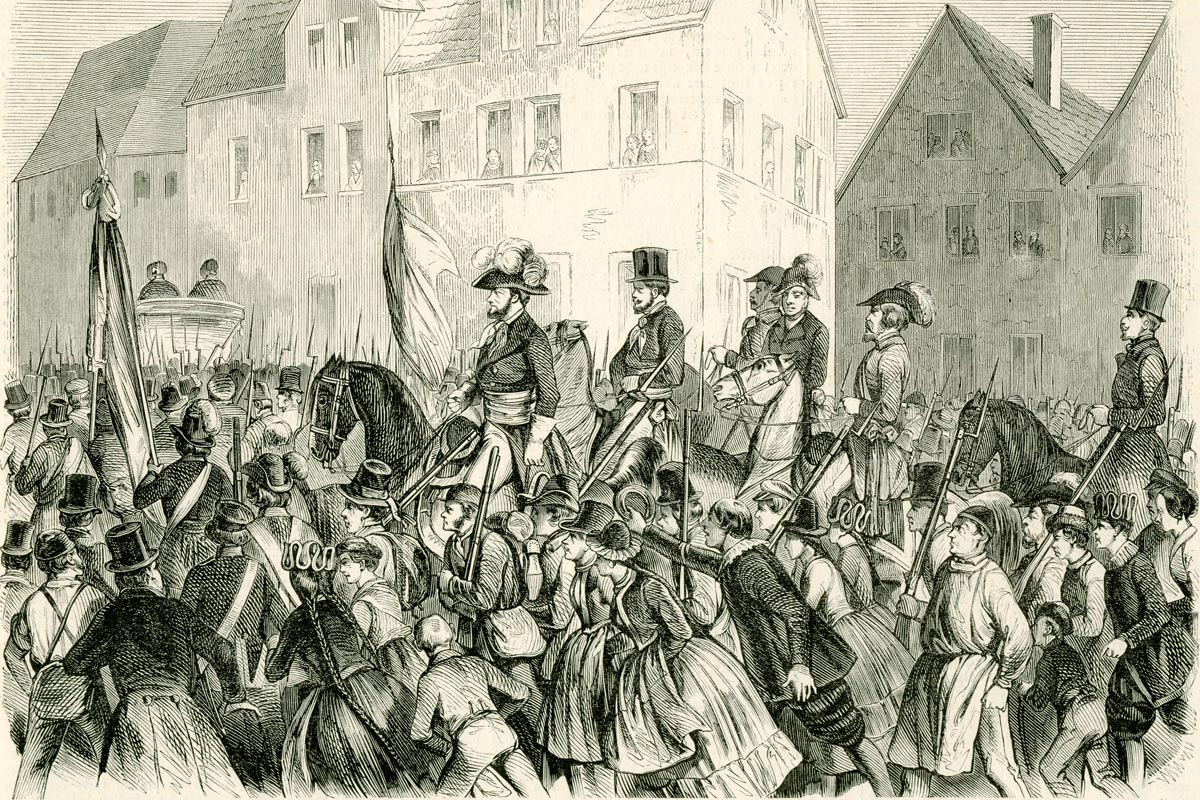 Einzug des Präsidenten Gustav Struve in Lörrach am 21. September 1848, Abbildung aus der Leipziger Illustrierten Zeitung (Sammlung DLM GrGeXVI 177)