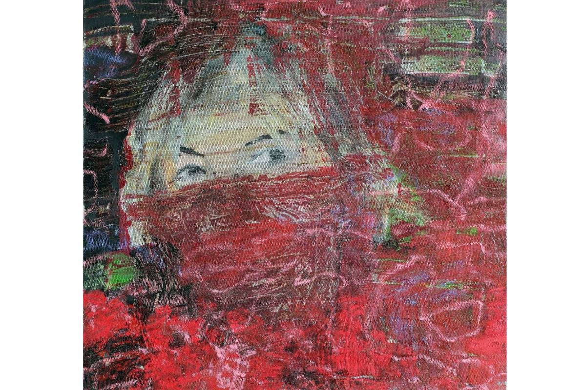 Kathrin Wächter, Porträt von Karin Maßen, Öl, Kreide und Gaze auf Leinwand, 2019. Sammlung Dreiländermuseum, BKVer 490